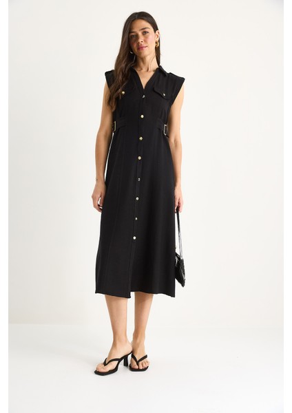 Kadın Gold Düğmeli Bel Detaylı Keten Elbise fiyatları