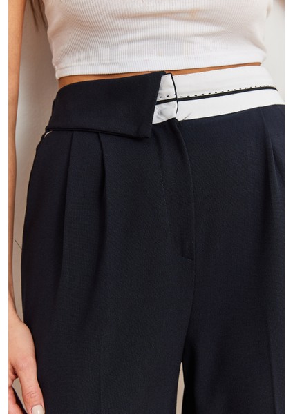 Kadın Bol Paça Asimetrik Bel Düğmeli Palazzo Pantolon