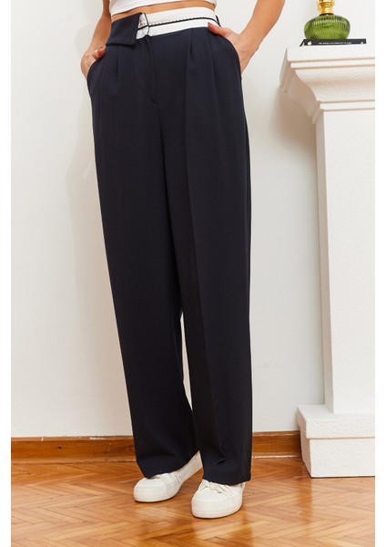 Kadın Bol Paça Asimetrik Bel Düğmeli Palazzo Pantolon fiyatları