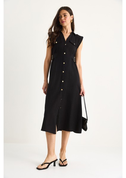 Kadın Gold Düğmeli Bel Detaylı Keten Elbise modelleri