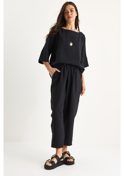 Kadın Kayık Yaka Yarım Kol Bluz Beli Lastikli Şalvar Pantolon Alt-Üst Takım