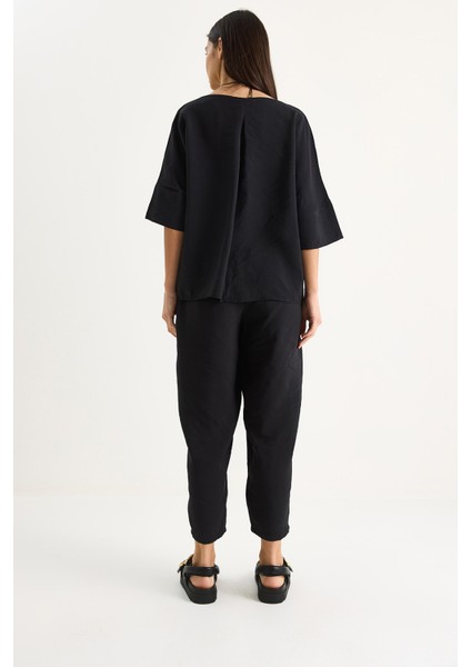 Kadın Kayık Yaka Yarım Kol Bluz Beli Lastikli Şalvar Pantolon Alt-Üst Takım modelleri