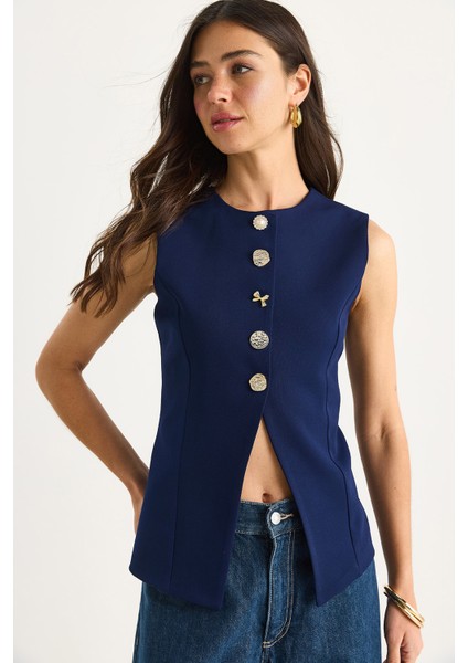 Kadın Regular Bisilet Yaka Gold Düğme Detaylı Astarlı Dokuma Yelek