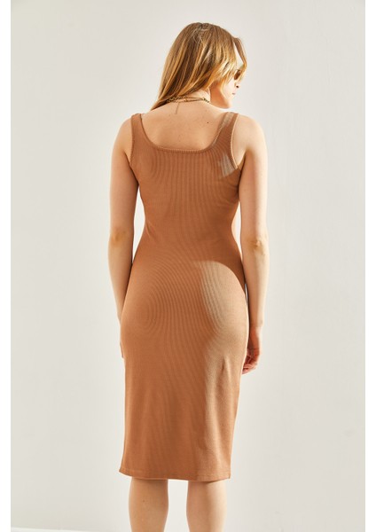 Kadın Fitilli Kumaş Yırtmaç Detaylı Askılı Elbise