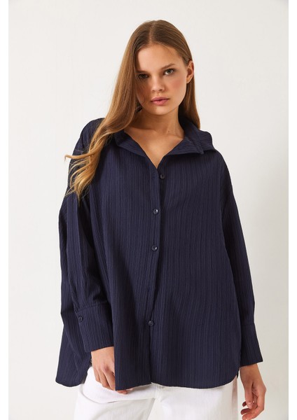 Kadın Düşük Omuz Oversize Basic Bürümcük Gömlek