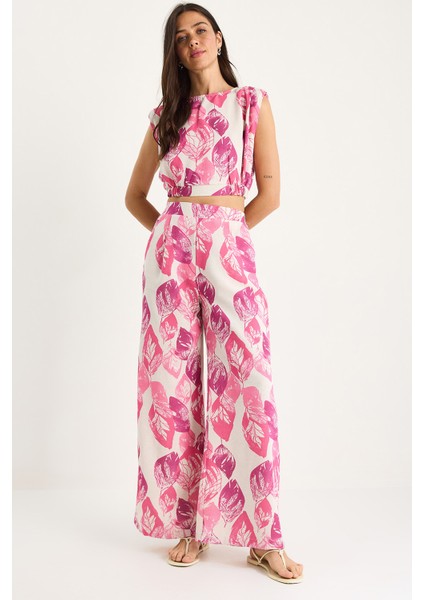Kadın Vatkalı Beli Lastikli Crop Bluz Bol Pantolonlu Desenli Keten Alt-Üst Takım -