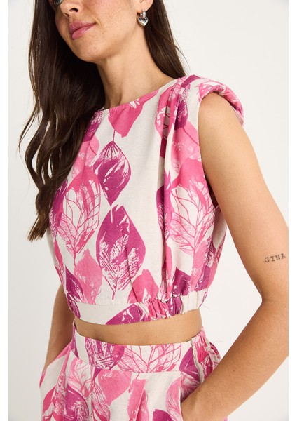 Kadın Vatkalı Beli Lastikli Crop Bluz Bol Pantolonlu Desenli Keten Alt-Üst Takım - fırsatları