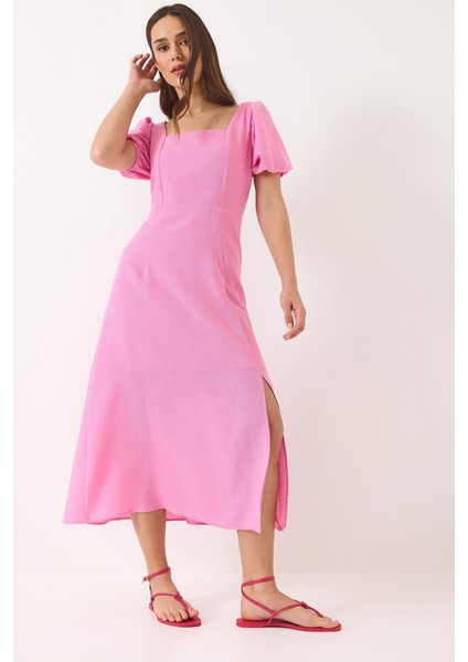 Kadın Sırt Bağıcık Detaylı Astarlı Keten Elbise