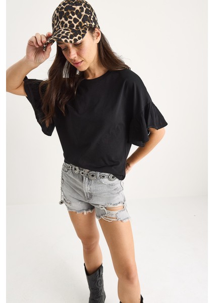 Kadın Kolları Fırfırlı Bisiklet Yaka Pamuklu T-Shirt modelleri