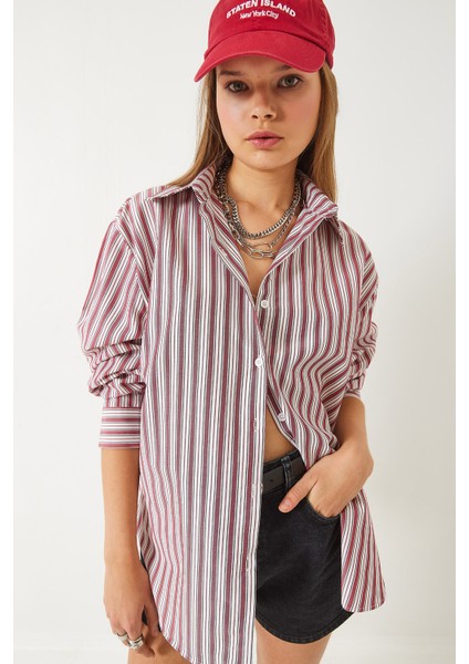 Kadın Çizgili Regular Basic Viskon Gömlek