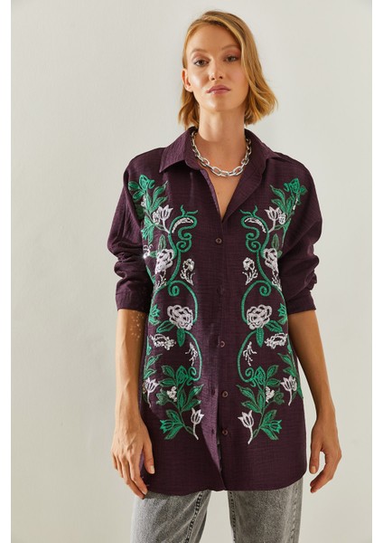 Kadın Nakışlı Sofya Keten Gömlek