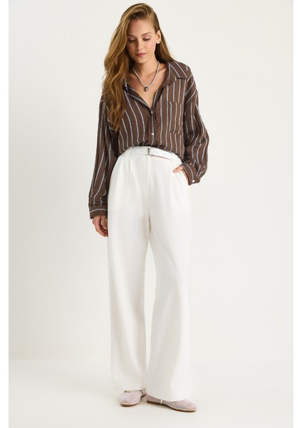 Kadın Çift Pile Detaylı Kemerli Örme Pantolon