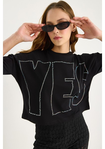 Bisiklet Yaka Taş Baskılı Basic Salaş T-Shirt