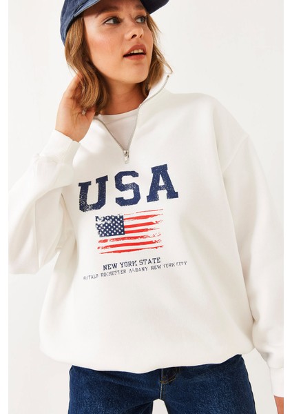 Kadın Arım Fermuarlı Usa Baskılı Dik Yaka Sweatshirt