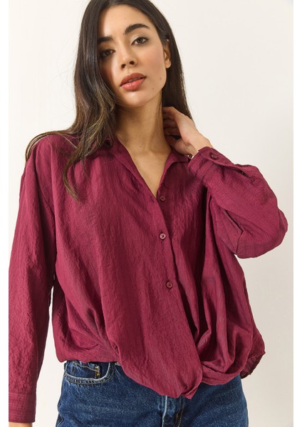 Kadın Büzgü Detaylı Jakarlı Çizgi Detaylı V Yaka Salaş Gömlek modelleri