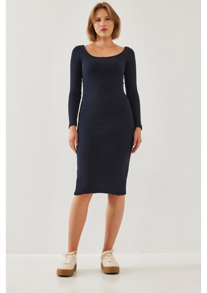 Kadın Kare Yaka Uzun Kollu Basic Fitilli Elbise