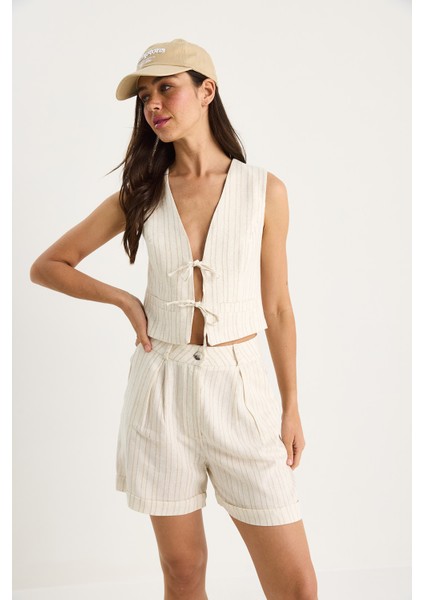 Kadın Çift Çizgili Bağlama Detaylı Yelek Yüksek Bel Şortlu Keten Takım fiyatları