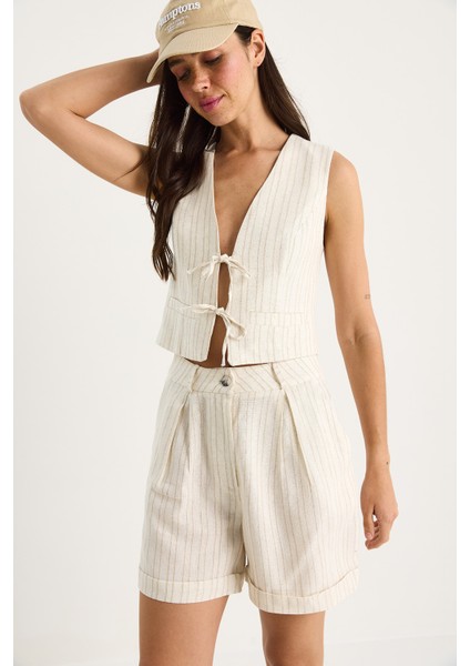 Kadın Çift Çizgili Bağlama Detaylı Yelek Yüksek Bel Şortlu Keten Takım modelleri