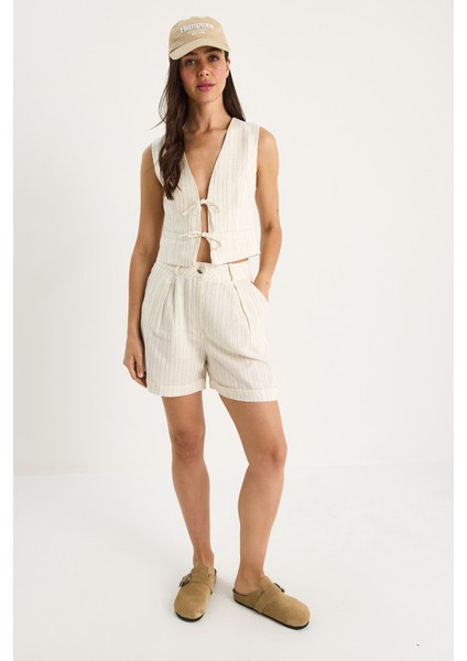 Kadın Çift Çizgili Bağlama Detaylı Yelek Yüksek Bel Şortlu Keten Takım fırsatları