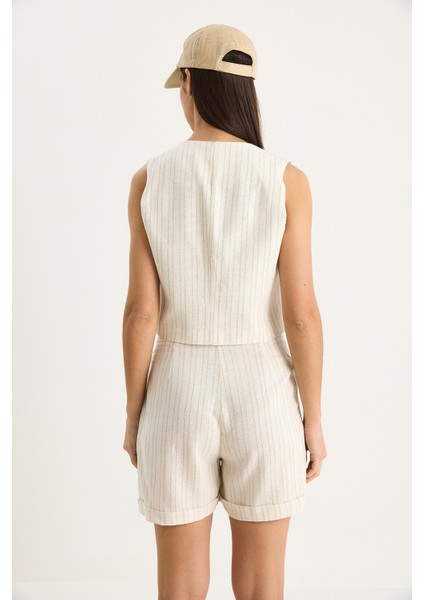 Kadın Çift Çizgili Bağlama Detaylı Yelek Yüksek Bel Şortlu Keten Takım