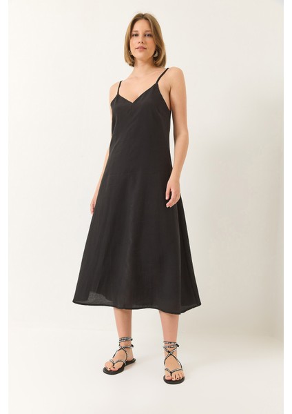 Kadın V Yaka Ince Askılı Gizli Fermuarlı Astarlı Modal Elbise