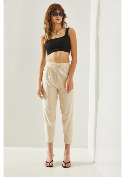 Kadın Balık Sırtı Keten Bel Detaylı Pantolon