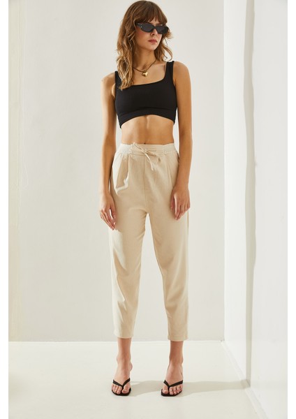 Kadın Balık Sırtı Keten Bel Detaylı Pantolon fiyatları