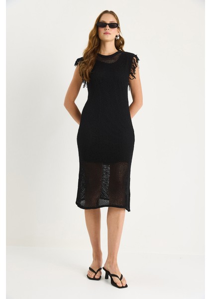 Kadın Ajurlu Kol Detaylı Astarlı Triko Elbise modelleri