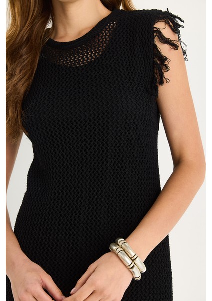 Kadın Ajurlu Kol Detaylı Astarlı Triko Elbise