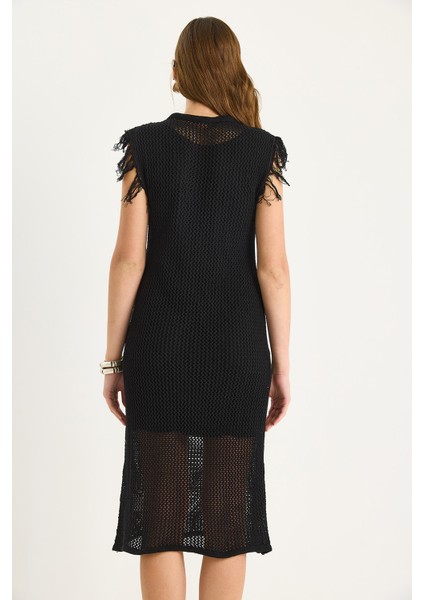 Kadın Ajurlu Kol Detaylı Astarlı Triko Elbise