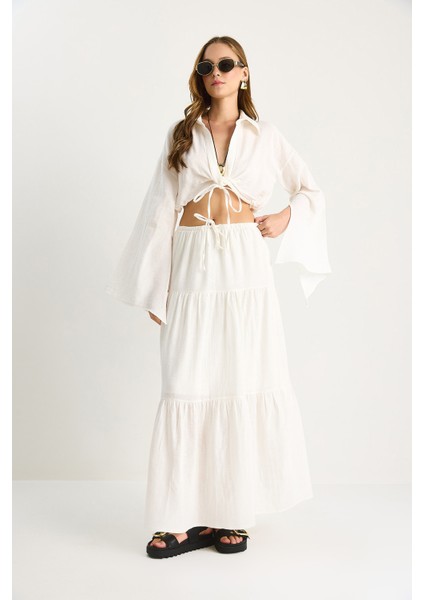 Kadın Bağlama Detaylı Yırtmaçlı Geniş Kol Bluz Astarlı Uzun Etek Takım Dt fırsatları