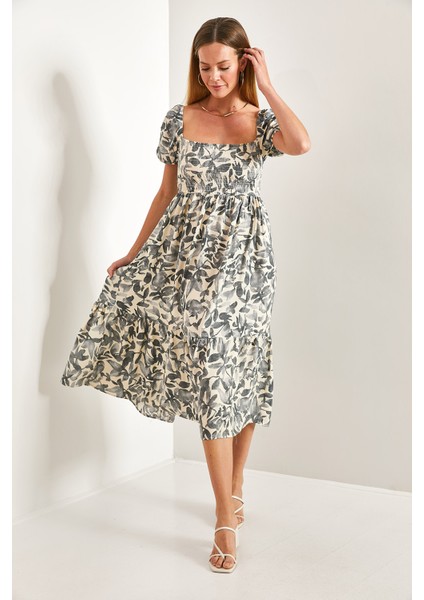 Kadın Kare Yaka Gipeli Multi Desenli Kloş Elbise