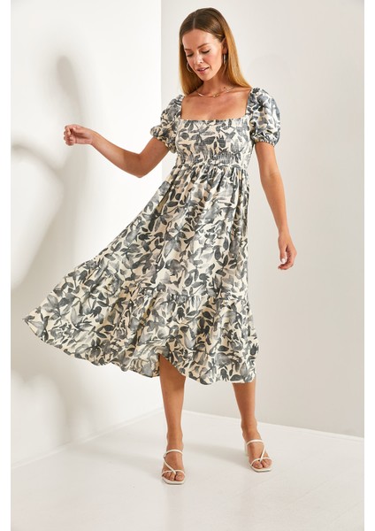 Kadın Kare Yaka Gipeli Multi Desenli Kloş Elbise fiyatları