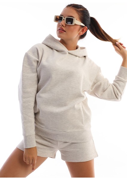 Kapüşonlu Sweatshirt Kadın Şort Takım Kahve Melanj modelleri