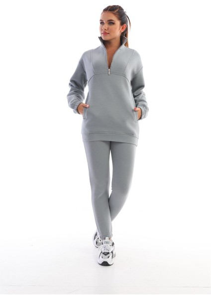 Koyu Gri Dik Yaka Fermuarlı Sweatshirt Kadın Eşofman Takım