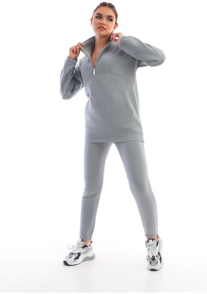 Koyu Gri Dik Yaka Fermuarlı Sweatshirt Kadın Eşofman Takım fiyatları