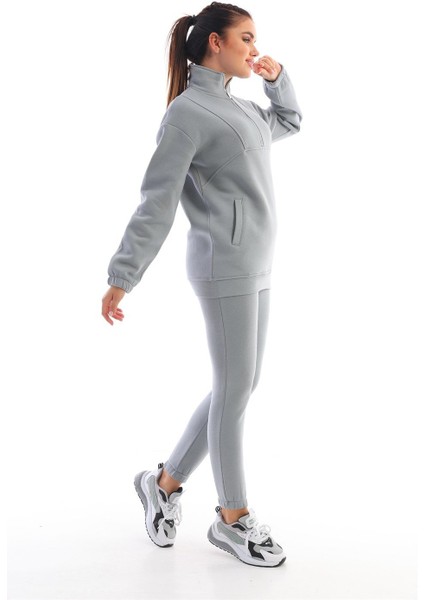 Koyu Gri Dik Yaka Fermuarlı Sweatshirt Kadın Eşofman Takım modelleri