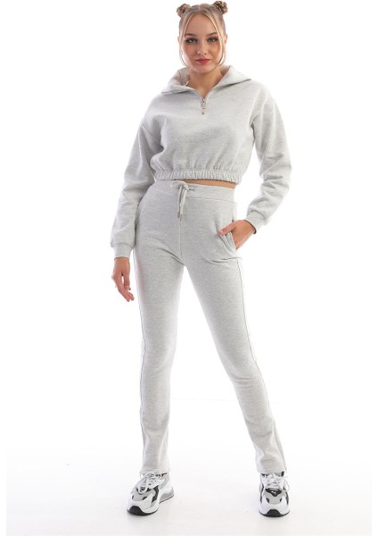 Dik Yaka Crop Sweatshirt Kadın Eşofman Takım Gri Melanj