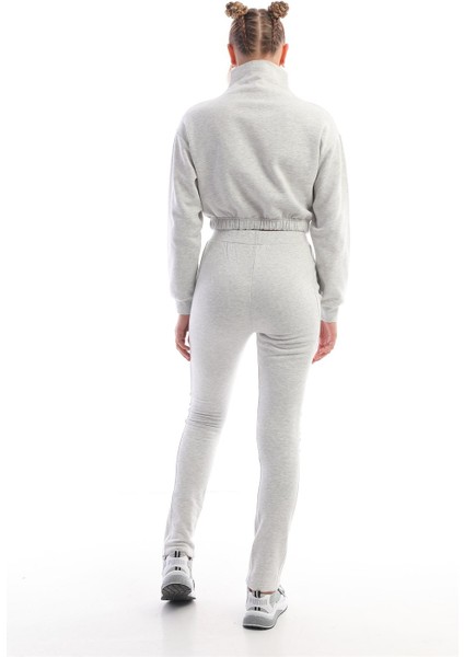 Dik Yaka Crop Sweatshirt Kadın Eşofman Takım Gri Melanj modelleri