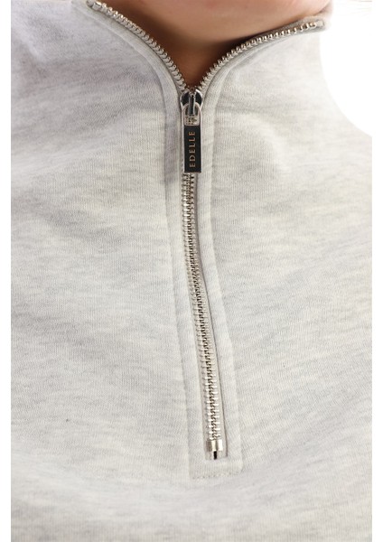 Dik Yaka Crop Sweatshirt Kadın Eşofman Takım Gri Melanj fırsatları