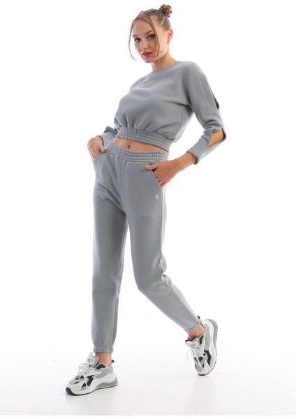Gri Crop Sweatshirt Kadın Eşofman Takım