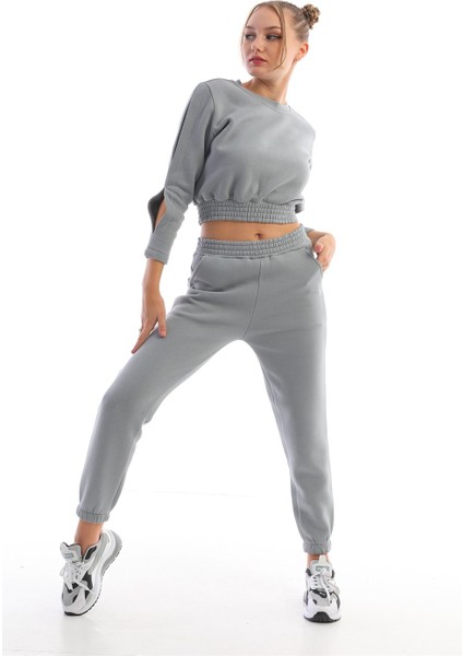 Gri Crop Sweatshirt Kadın Eşofman Takım fiyatları