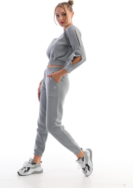 Gri Crop Sweatshirt Kadın Eşofman Takım modelleri