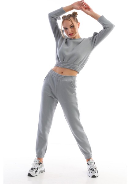 Gri Crop Sweatshirt Kadın Eşofman Takım fırsatları