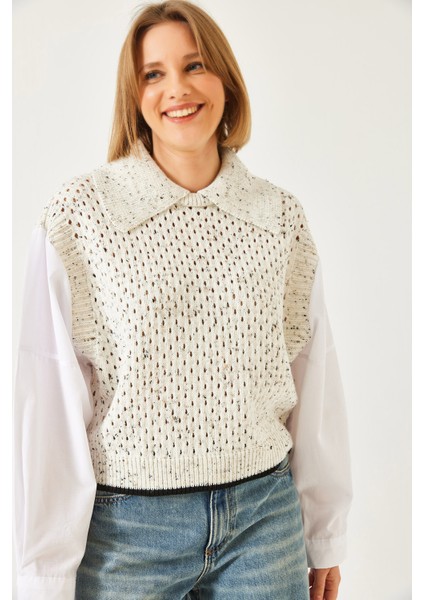 Kadın Gömlek Yaka Ajurlu Triko Kazak