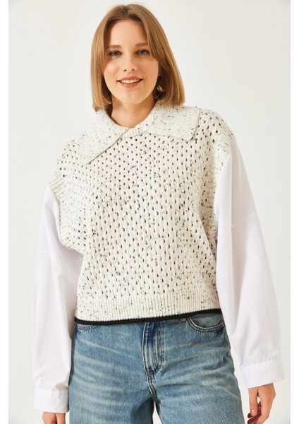 Kadın Gömlek Yaka Ajurlu Triko Kazak fiyatları