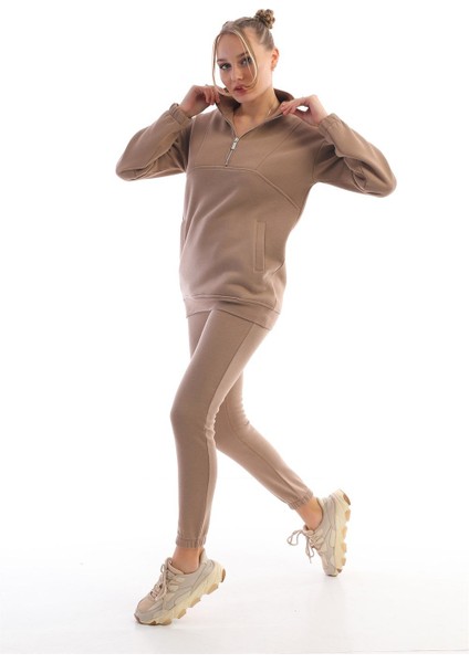 Kahve Dik Yaka Fermuarlı Sweatshirt Kadın Eşofman Takım