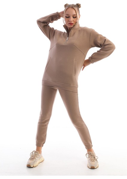 Kahve Dik Yaka Fermuarlı Sweatshirt Kadın Eşofman Takım fiyatları