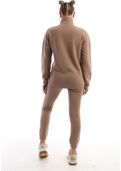 Kahve Dik Yaka Fermuarlı Sweatshirt Kadın Eşofman Takım modelleri
