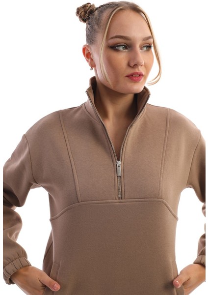 Kahve Dik Yaka Fermuarlı Sweatshirt Kadın Eşofman Takım fırsatları